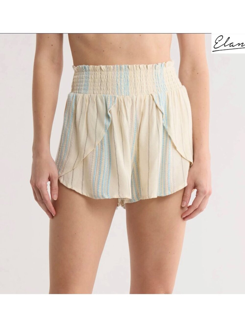 ELAN NWT ARUBA SMOCKED WAIST FAUR WRAP COVER-UP IVORY/BLUE STRIPE SHORTS. SIZE M